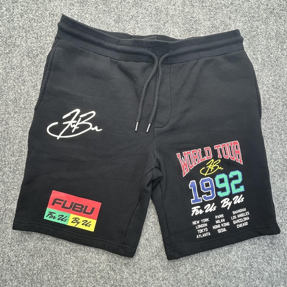 FUBU Shorts Mens XL Black Sweat Fleece World Tour 1992 Graphic City 10 Inseam